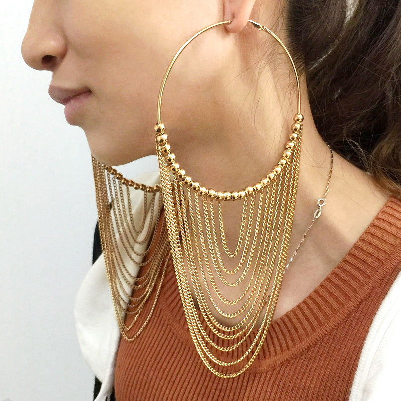 Rosy Brown Hoop Tassel  Earrings